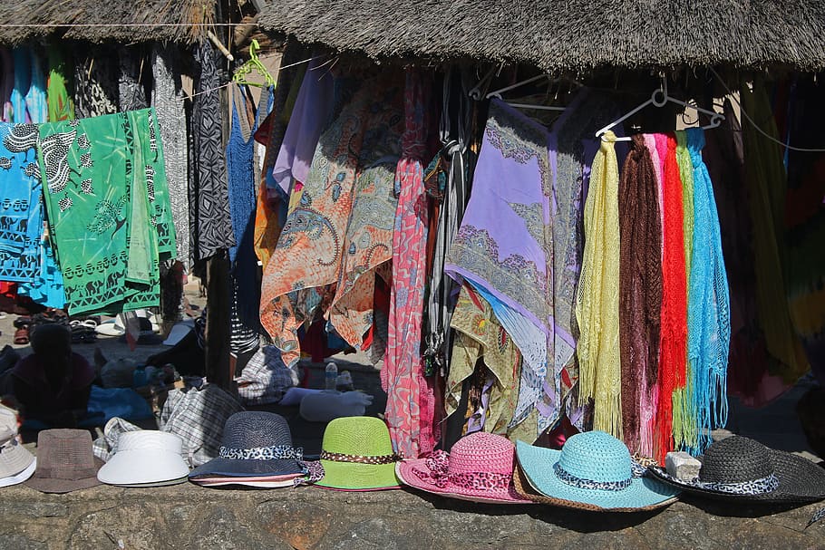 colourful flea market, market, flea, flea market, thatched roofs, africa, items, towels, scarves, sarongs