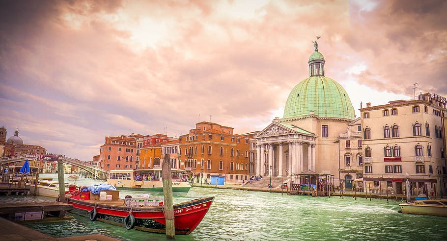 green, beige, painted, dome building, river, dome, building, venice, italy, gondola