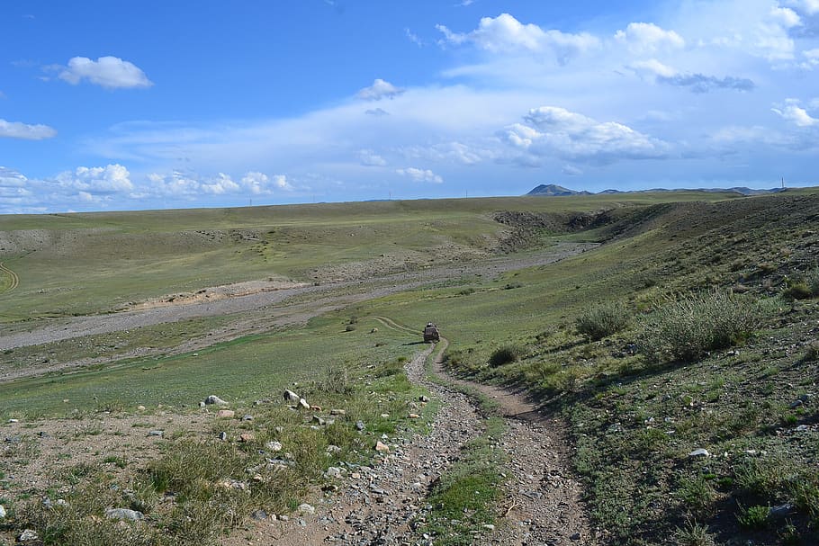 mongolia, steppe, track, 4x4, sky, landscape, beauty in nature, environment, scenics - nature, non-urban scene