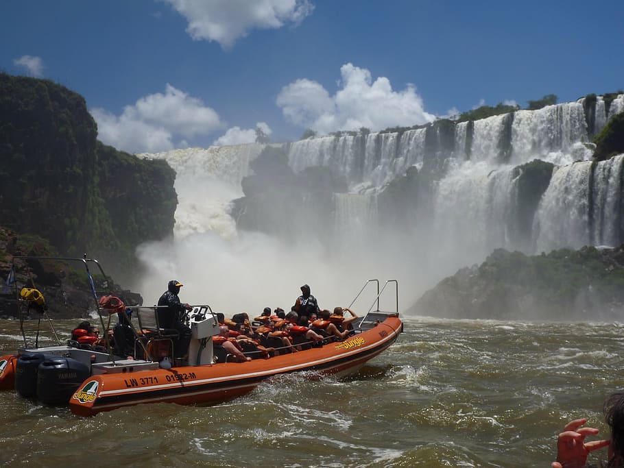 caídas, cascada, barco, argentina, barco turístico, turistas, agua, enorme, caída, que fluye