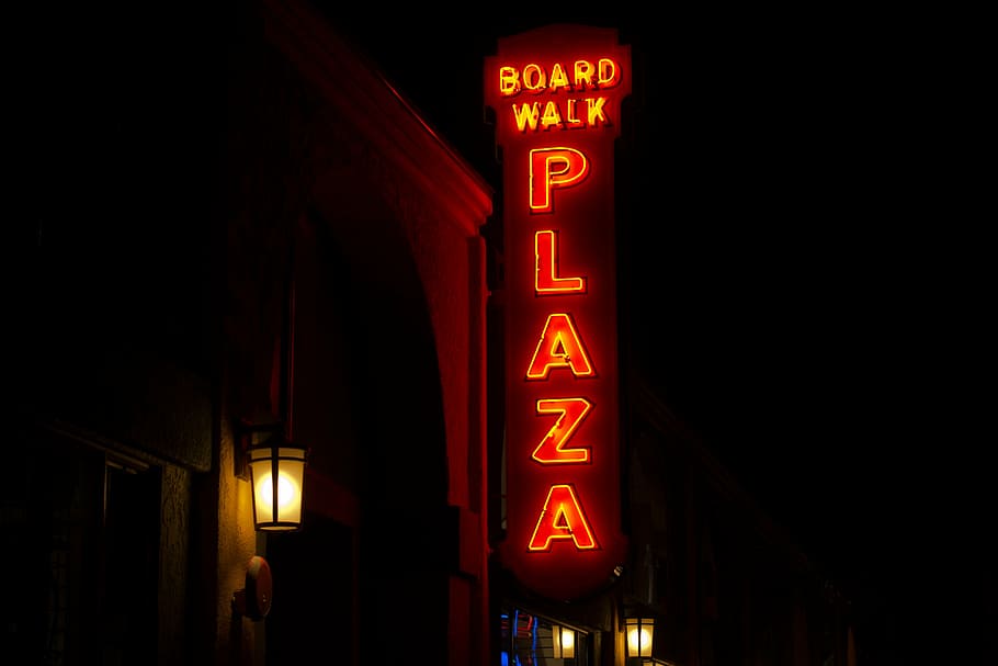 turned, board, walk, plaza signage, black, red, plaza, neon, signage, dark