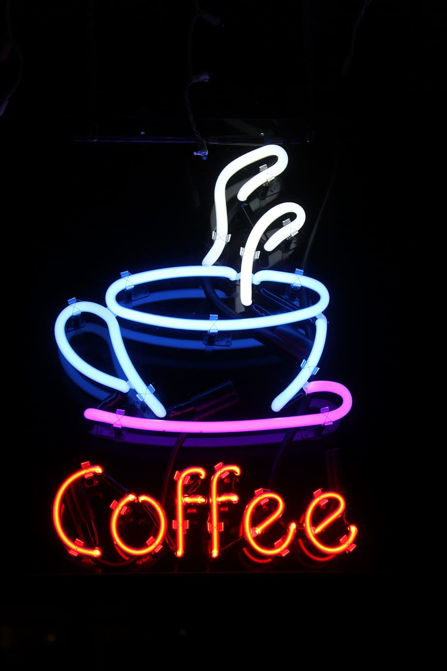 turned-on, blue, multicolored, coffee neon signage, Coffee, neon light, signage, neon, sign, illuminated