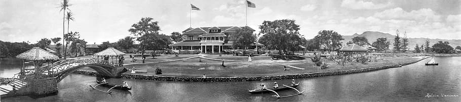 panoramic, haleiwa hotel, 1902, Panoramic image, Haleiwa, Hotel, Hawaii, public domain, vintage, black And White