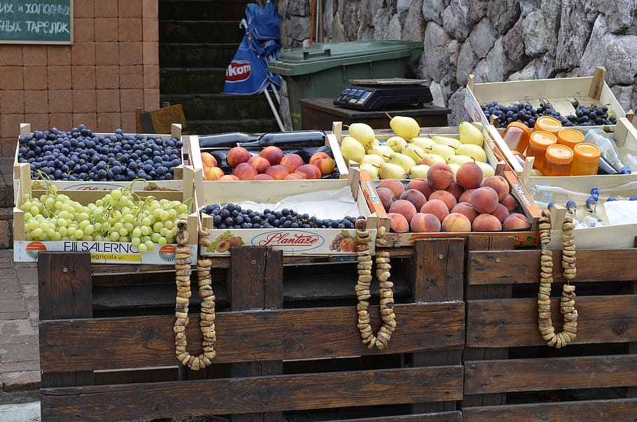 buah, montenegro, ara, Persik, anggur, kios buah, resort, budva, buah lezat, musim panas