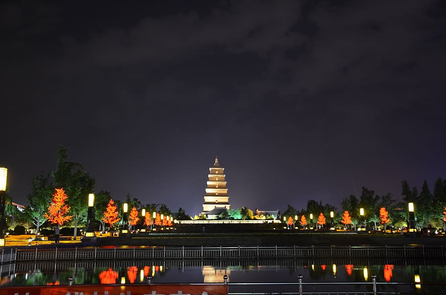 xi'an, the big wild goose pagoda, night view, night, architecture, illuminated, built structure, building exterior, city, sky