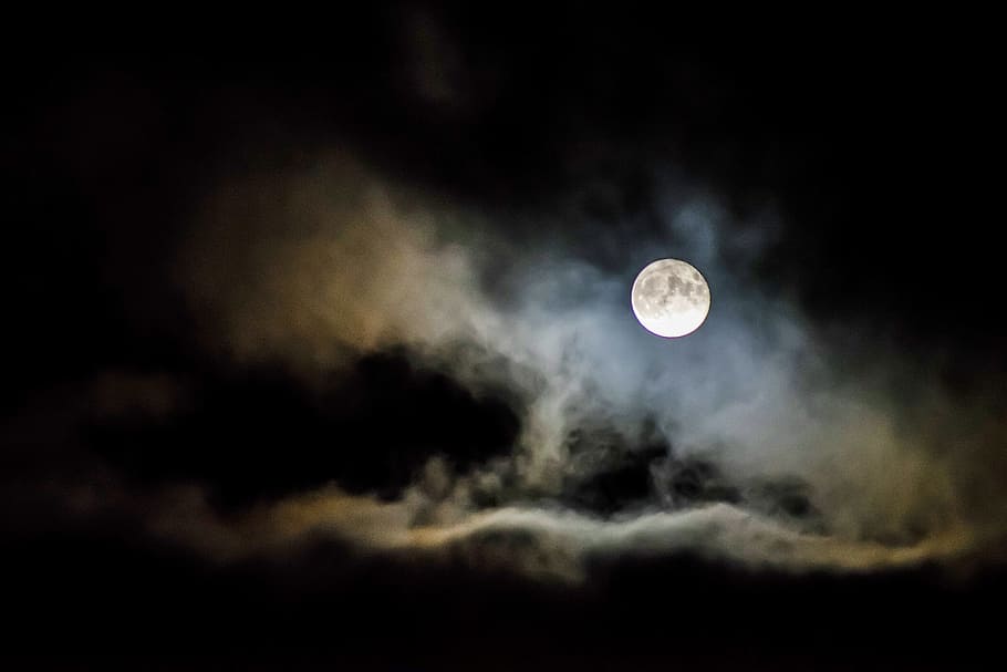 crescent moon, gray, clouds, dark, night, sky, cloud, full, moon, bright
