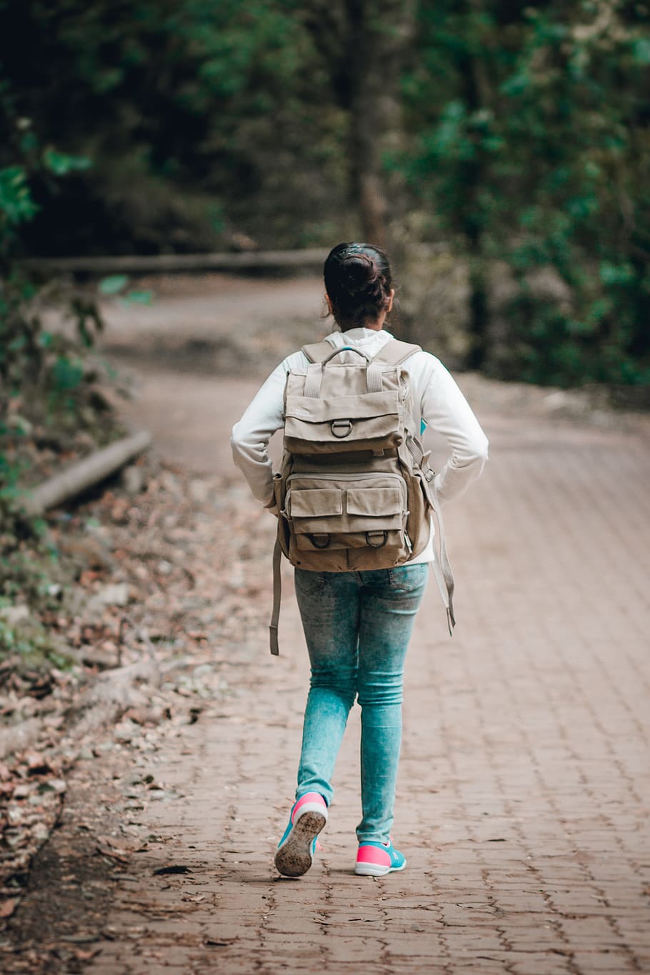 back, view, woman, wearing, backpack, pathway, adventure, travel, adult, trip