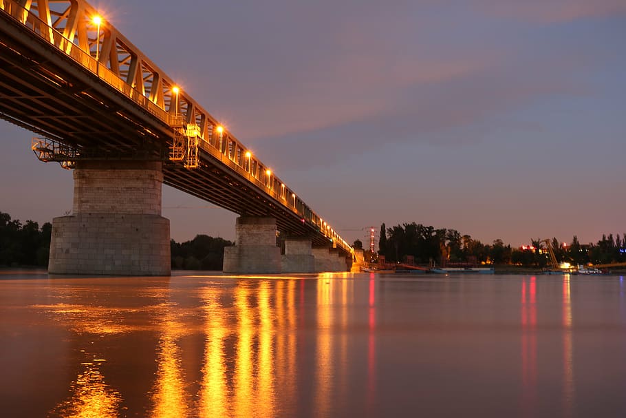 Budapeste, longa velocidade do obturador, à noite, luzes, rio, ponte - estrutura feita pelo homem, noite, arquitetura, pôr do sol, agua