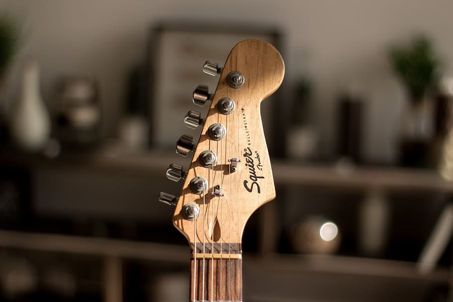 electric guitar, guitar, squier, bookeh, music, house, musical instrument, musical equipment, string instrument, wood - material