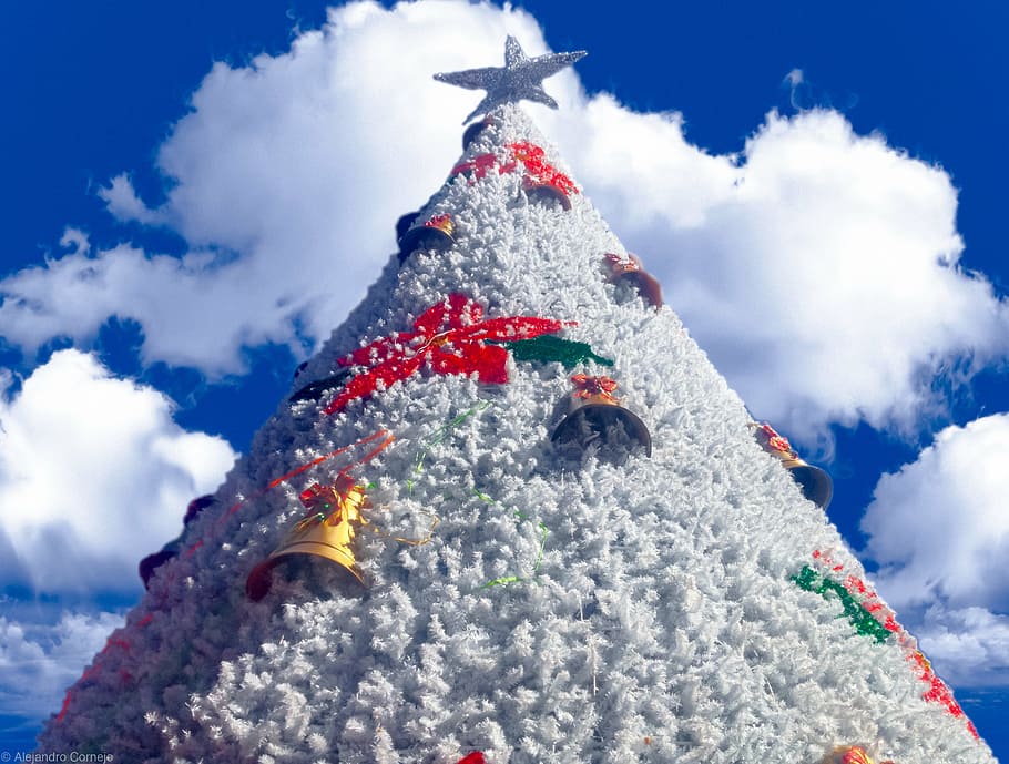 white, christmas tree, ornaments, clouds, christmas, tree, sky, blue, cloud, xmas
