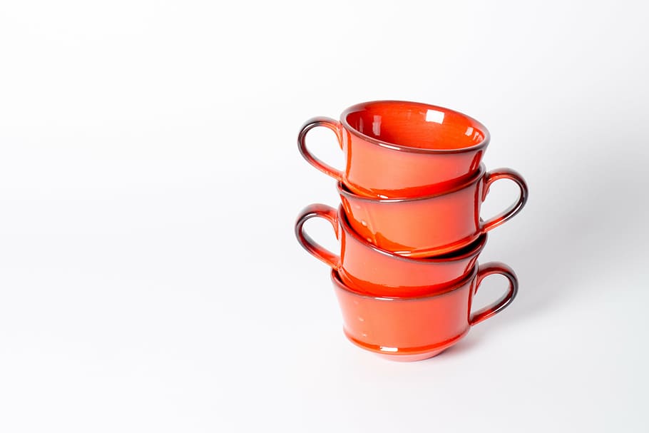 four, orange, ceramic, cups, white, surface, coffee, drink, mug, whitespace