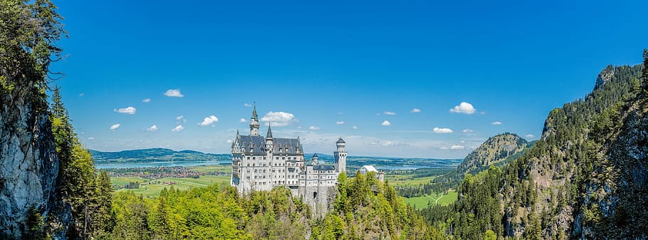 castillo, rodeado, árboles, arquitectura, viajes, antiguo, palacio, cielo, castillo de neuschwanstein, nubes