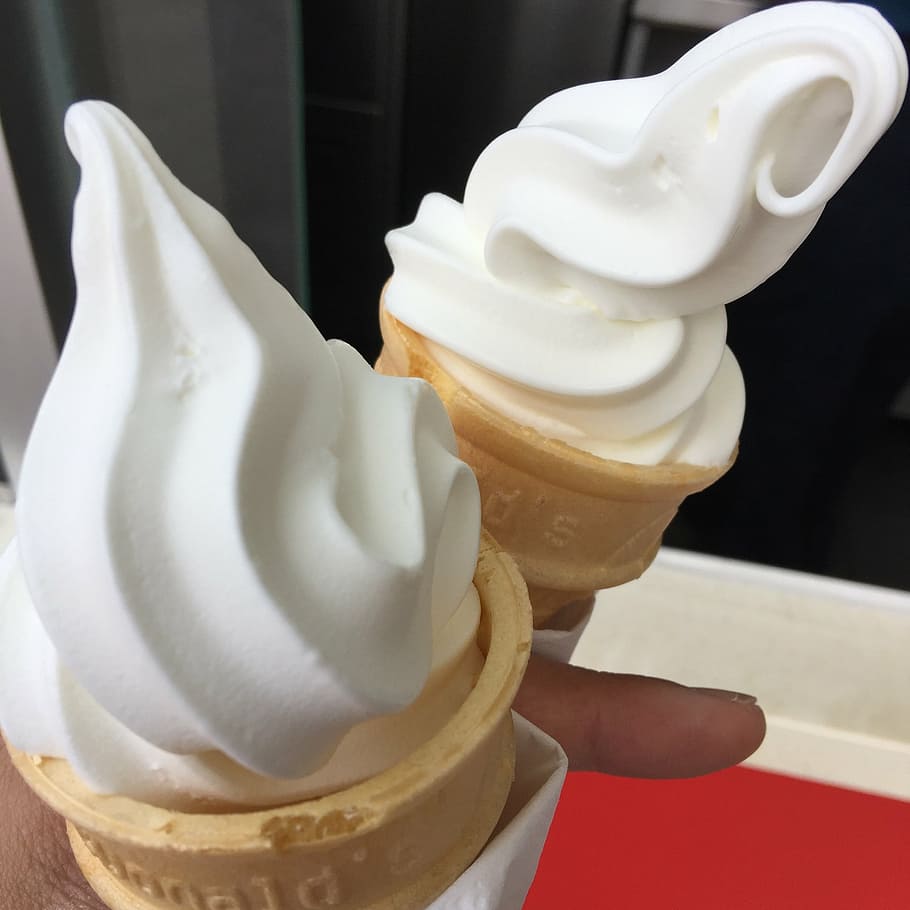 person, holding, two, vanilla ice creams, ice cream, cones, whipped ice cream, whipped, ice cream cone, dessert