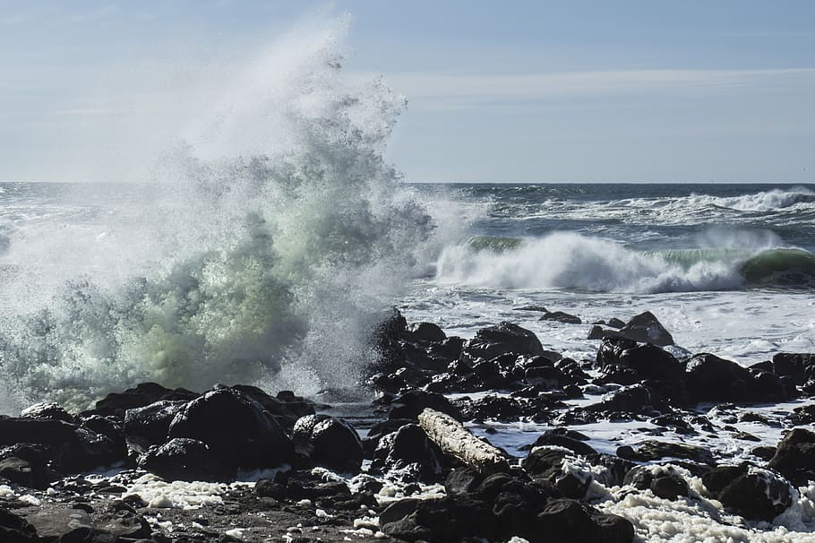 Grande, ondas, luz, vindo, Oregon, costa, oceano, bater, pedra, mar