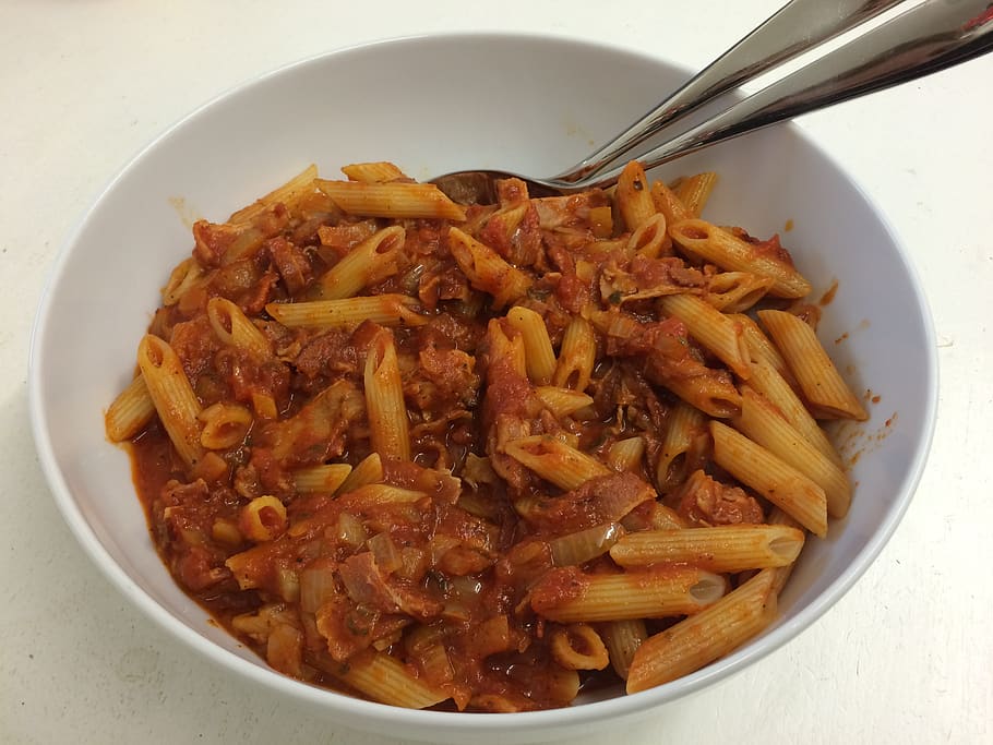 penne, pasta, tomato sauce, food, noodles, eat, italy, food and drink, kitchen utensil, bowl