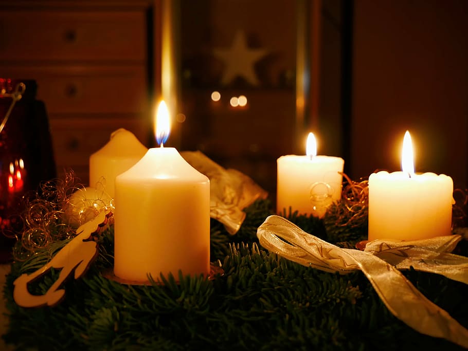 three, white, lighted, candles, advent, christmas, x mas, christmas time, christmas decoration, contemplative