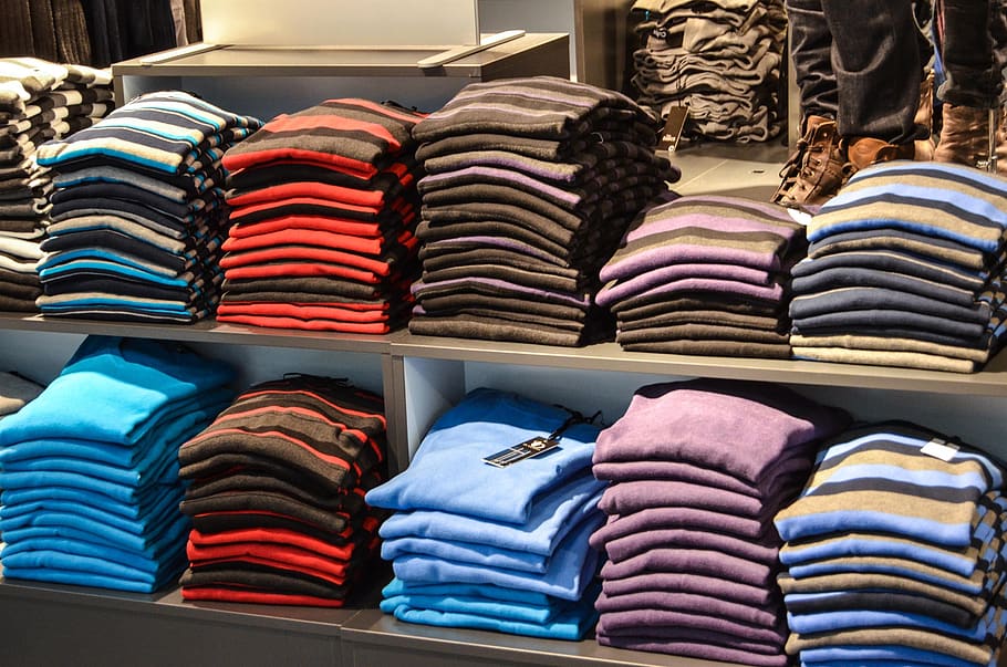 blusas, suéter, exposição, loja, compras, prateleira, compra, negócios, roupas, grande grupo de objetos
