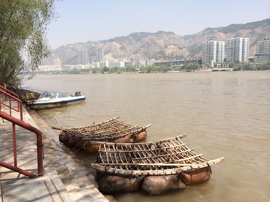 Yellow River, Sheepskin, Rafts, China, sheepskin rafts, hand boats, crossing, architecture, day, built structure