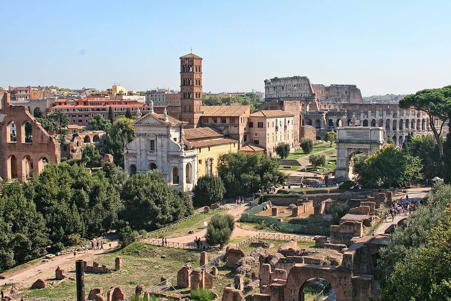 aérea, vista, marrom, branco, concreto, edifícios, dia, itália, roma, fórum romano