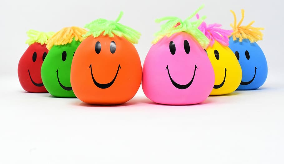 six, assorted-color smiley stress balls, anti-stress balls, funny troop, smilies stress reduction, knead, funny, colorful, celebration, fun