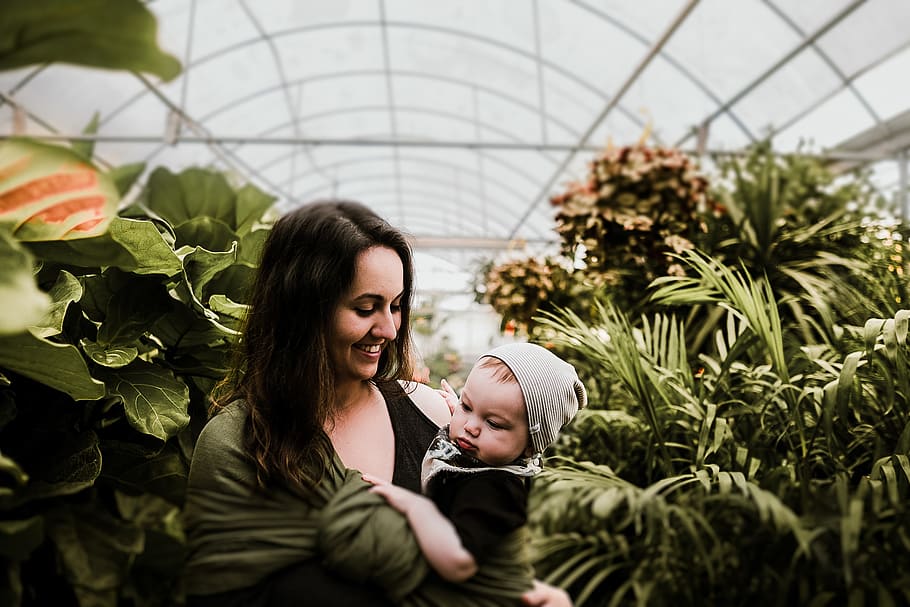 people, mother, child, baby, infant, kid, toddler, woman, green, plants