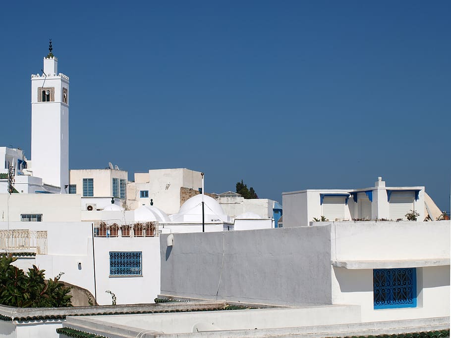 tunis, minaret, old town, blue, white walls, historically, historic preservation, carthage, built structure, architecture