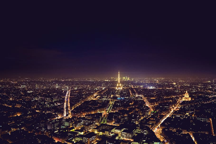Vista nocturna, París, Francia, Torre Eiffel, urbano, paisaje urbano, noche, horizonte urbano, escena urbana, vista aérea