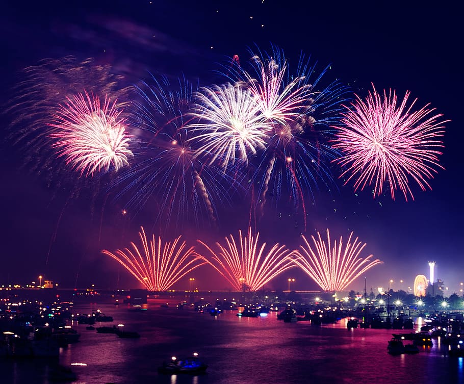 fireworks, sky, purple, display, lights, show, celebration, night, dark, evening