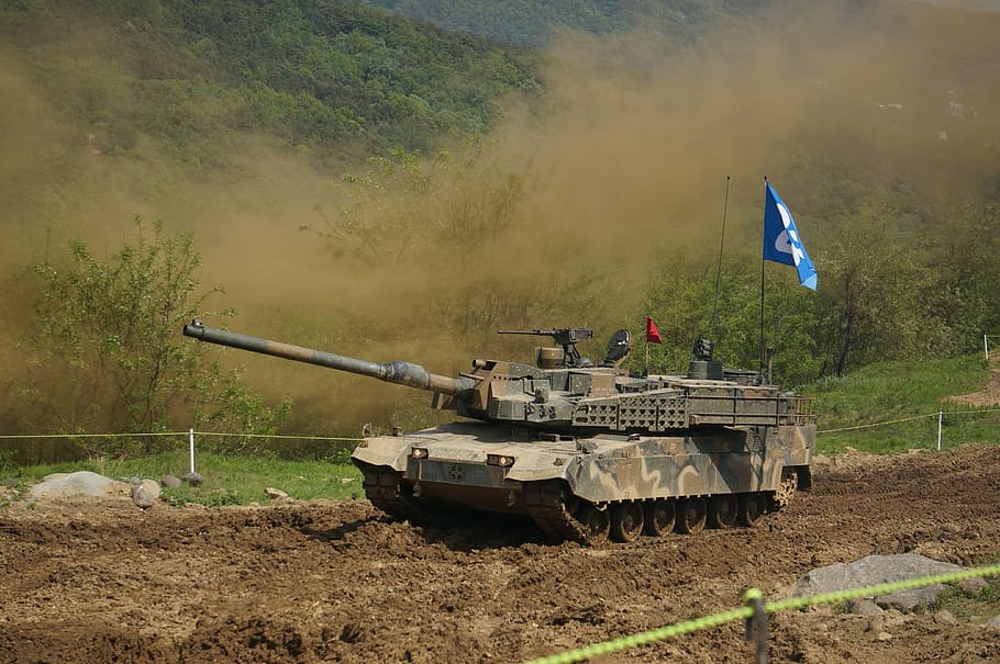 battle tank, road, trees, day, tank, soldier, group, war, weapons, republic of korea