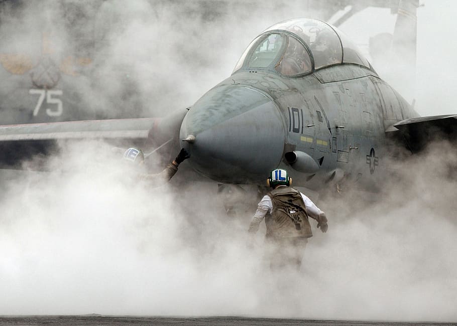 gray jet planet, military, aircraft carrier, catapult, steam, crew, navy, jet, fighter, f-14