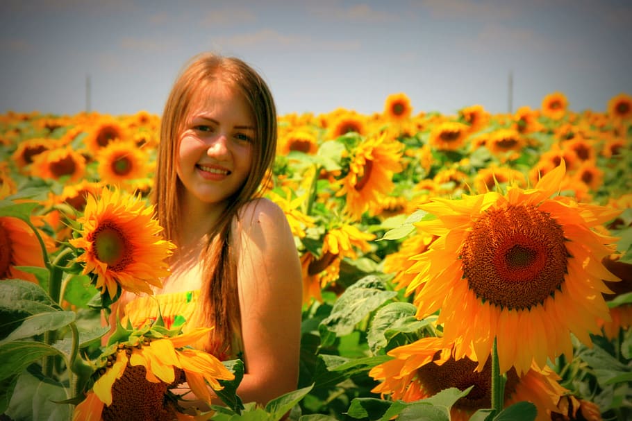 woman, standing, sunflower field, sunflower, girl, yellow, smile, smiling, flower, happiness