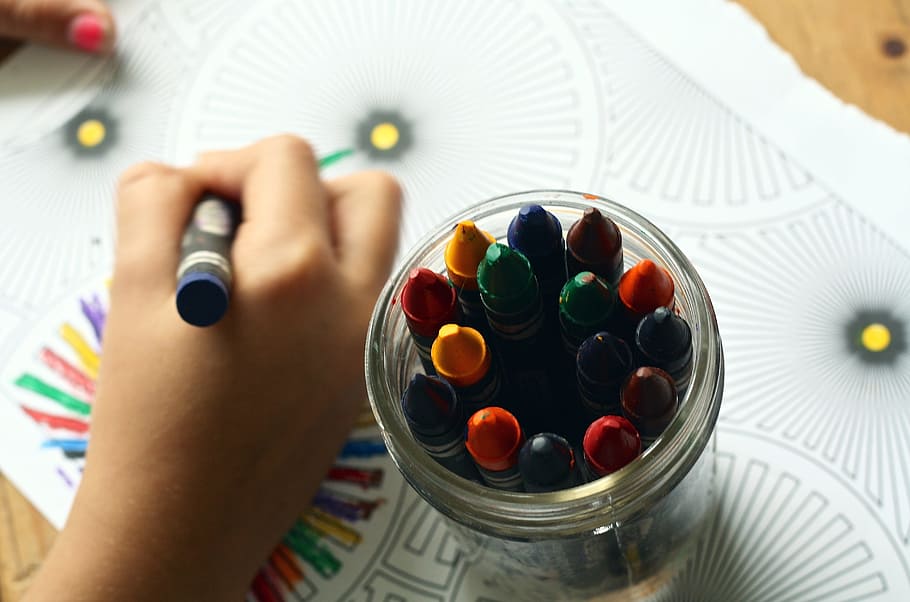 person, holding, blue, color crayon, crayons, coloring book, coloring, book, color, children