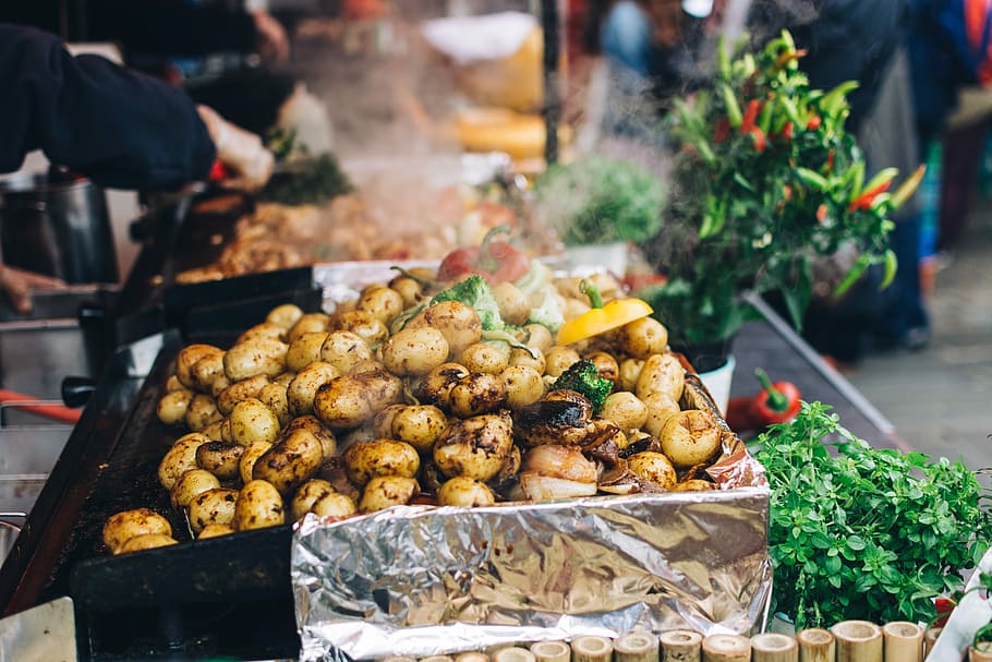 potatoes, vegetables, Roasted, healthy, street food, food, market, vegetable, selling, cultures