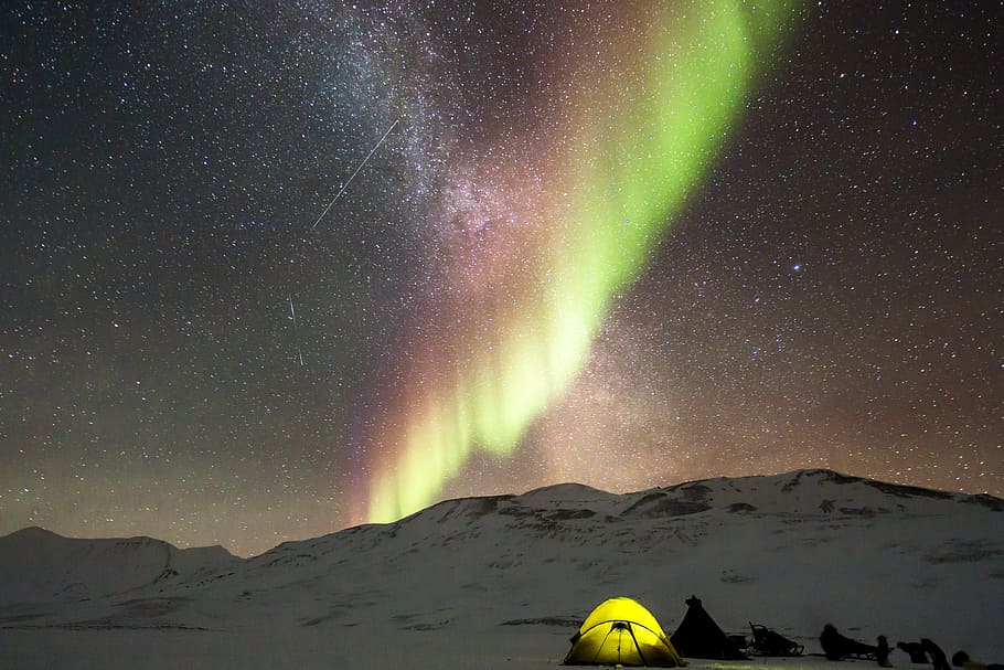 yellow, tent, mountain, auroras, camp, adventure, fire, holiday, nature, relaxation