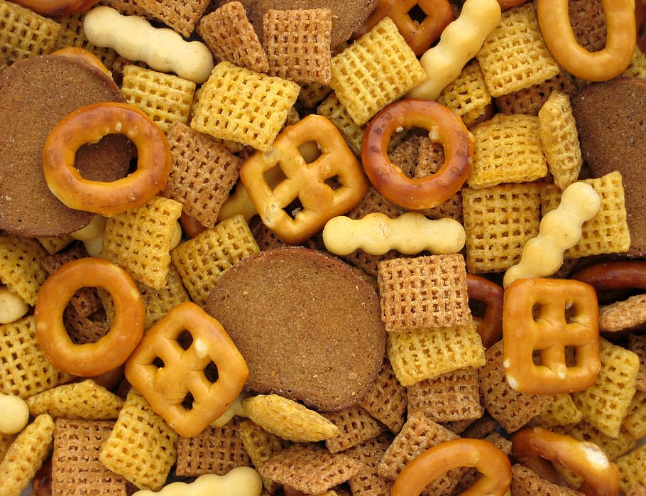 assorted biscuits, snack, mix, pretzels, crackers, food, chex, cereal, crunchy, party
