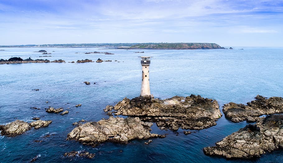 white, lighthouse, rock formation, sea, ocean, water, waves, nature, rocks, island