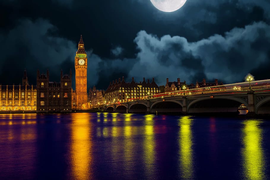 big, ben, london, lighted, night time, skyline, england, landmark, cityscape, uk