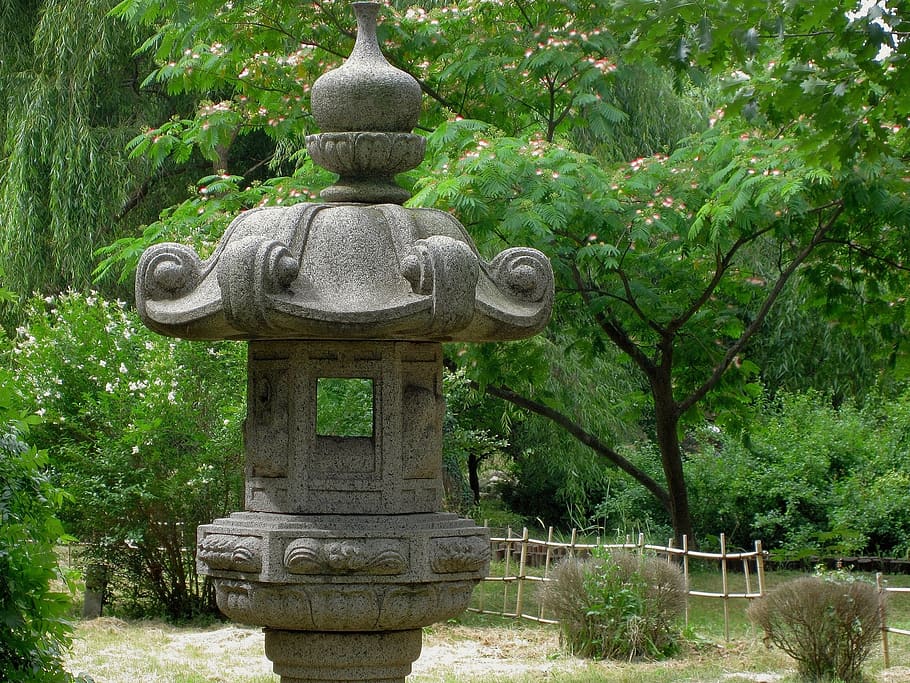 jardín japonés, lámpara de piedra, cultura asiática, árboles, naturaleza, oriental, paisaje, parque herastrau, bucarest, rumania