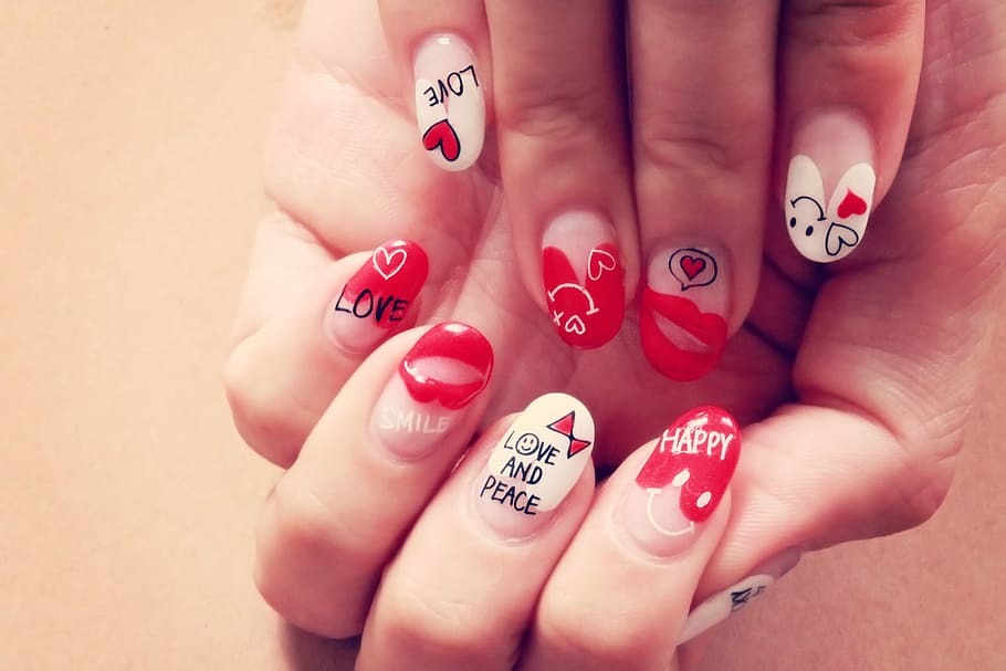 white, red, nail art, human Hand, women, close-up, females, people, human body part, fingernail