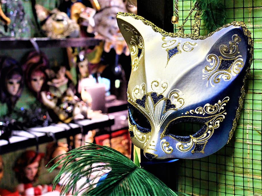 青, 金, 花, キツネの目マスクの装飾, マスク, 仮面舞踏会, カーニバル, 猫, ベニス, フェスト