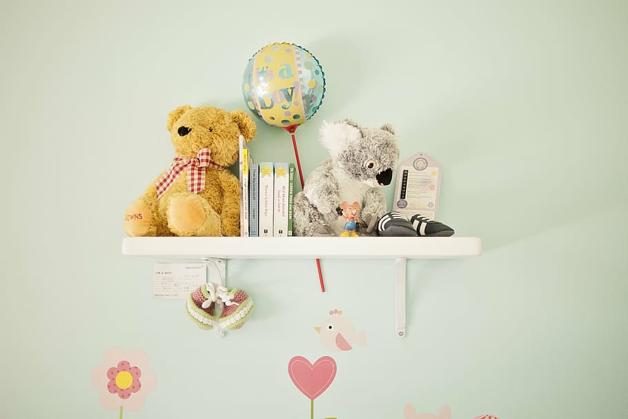 bear, kuala, plush, toys, white, wooden, floating, shelf, nursery decoration, teddy