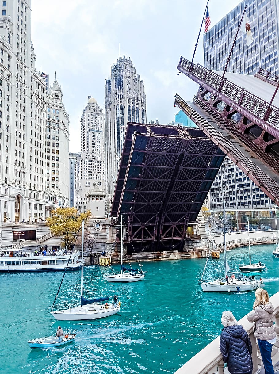 chicago, city, america, building, bridge, boat, modern, lake, structure, united states