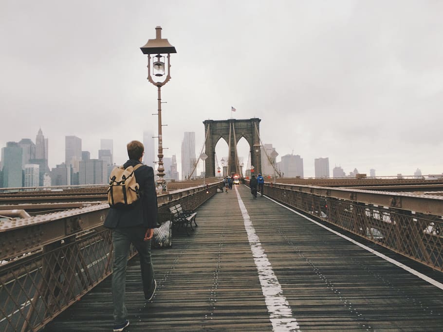 man, walking, bridge, daytime, brooklyn, nyc, new york, new york city, city, manhattan