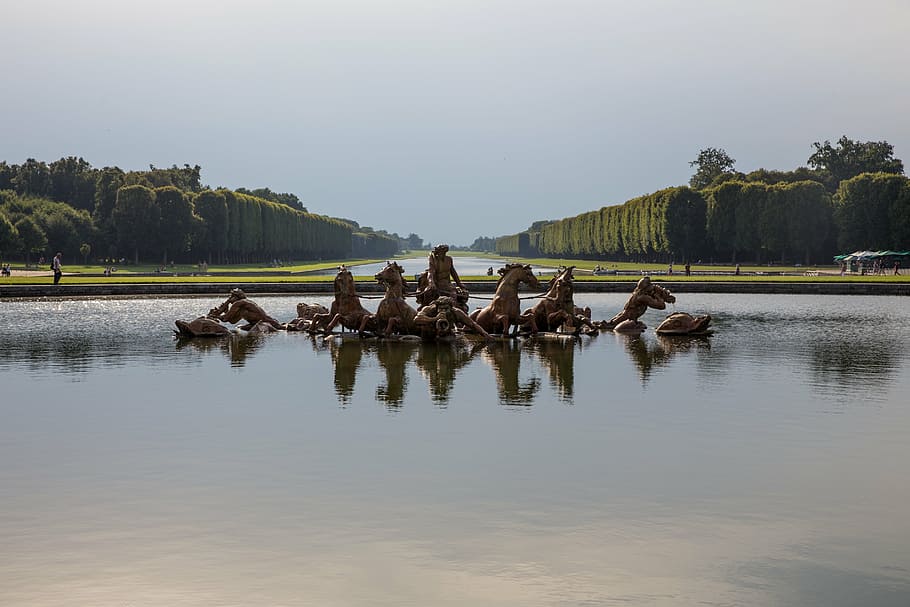 horse, body, water, front, tall, trees, versailles, park, fountain, sculptures