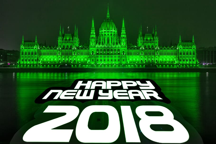 happy, new, year 2018 signage, budapest, danube, parliament, hungary, hungarian, architecture, river
