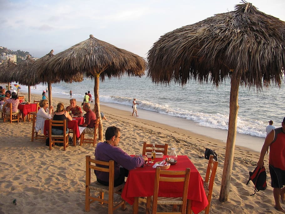 restaurante de praia, resort de praia, praia, água, areia, férias, guarda-sol, de praia, terra, mar