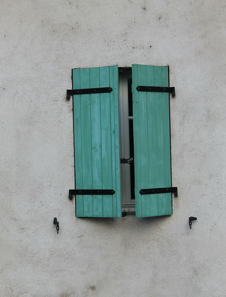 window, closed, shutters, green, exterior, wall, house, rustic, shut, shutter