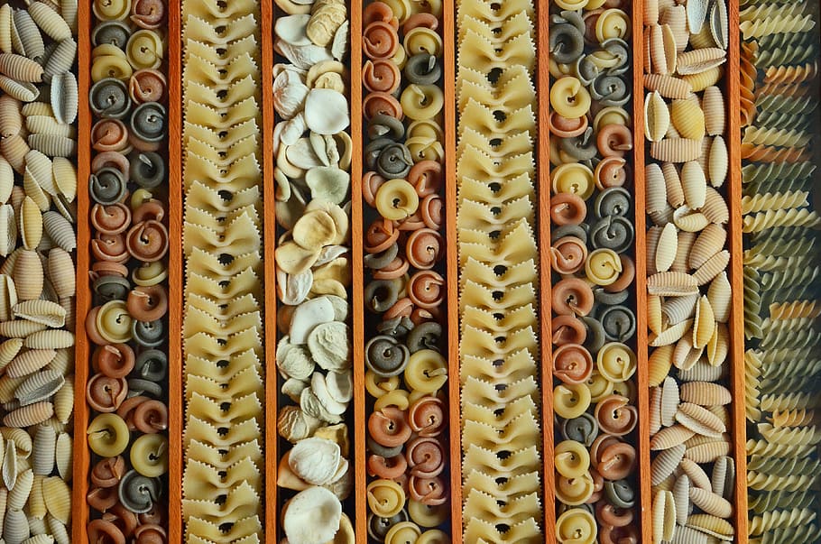 layered uncooked pasta, noodles, pasta, colorful pasta, food, eat, raw, kitchen, sorted, symmetrically