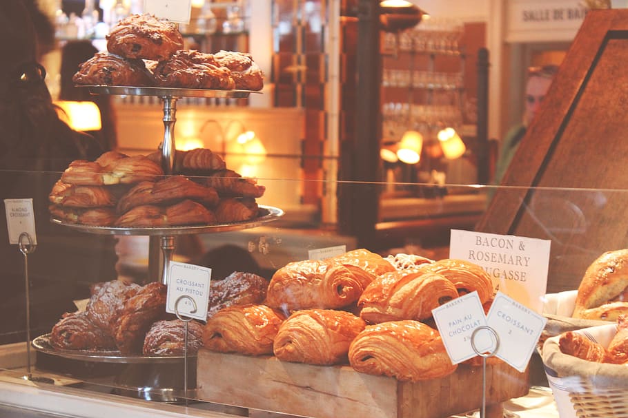 baked pastries, baked goods, bakery, bread, commerce, croissants, delicious, food, fresh, group