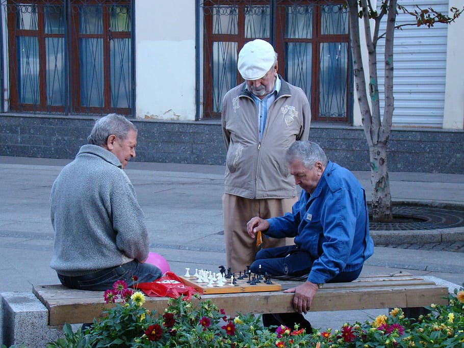 man, looking, two, men, playing, chess, game, older men, old age, people